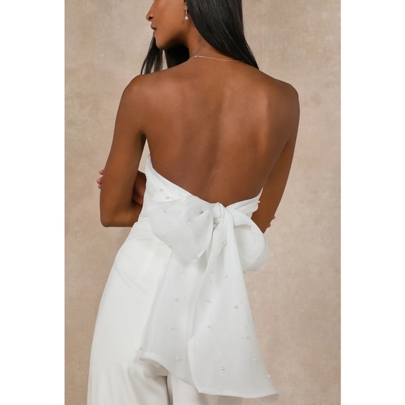 Lulus Marvelous Glow White Strapless Pearl Tie-Back Jumpsuit XL - Picture 3 of 13